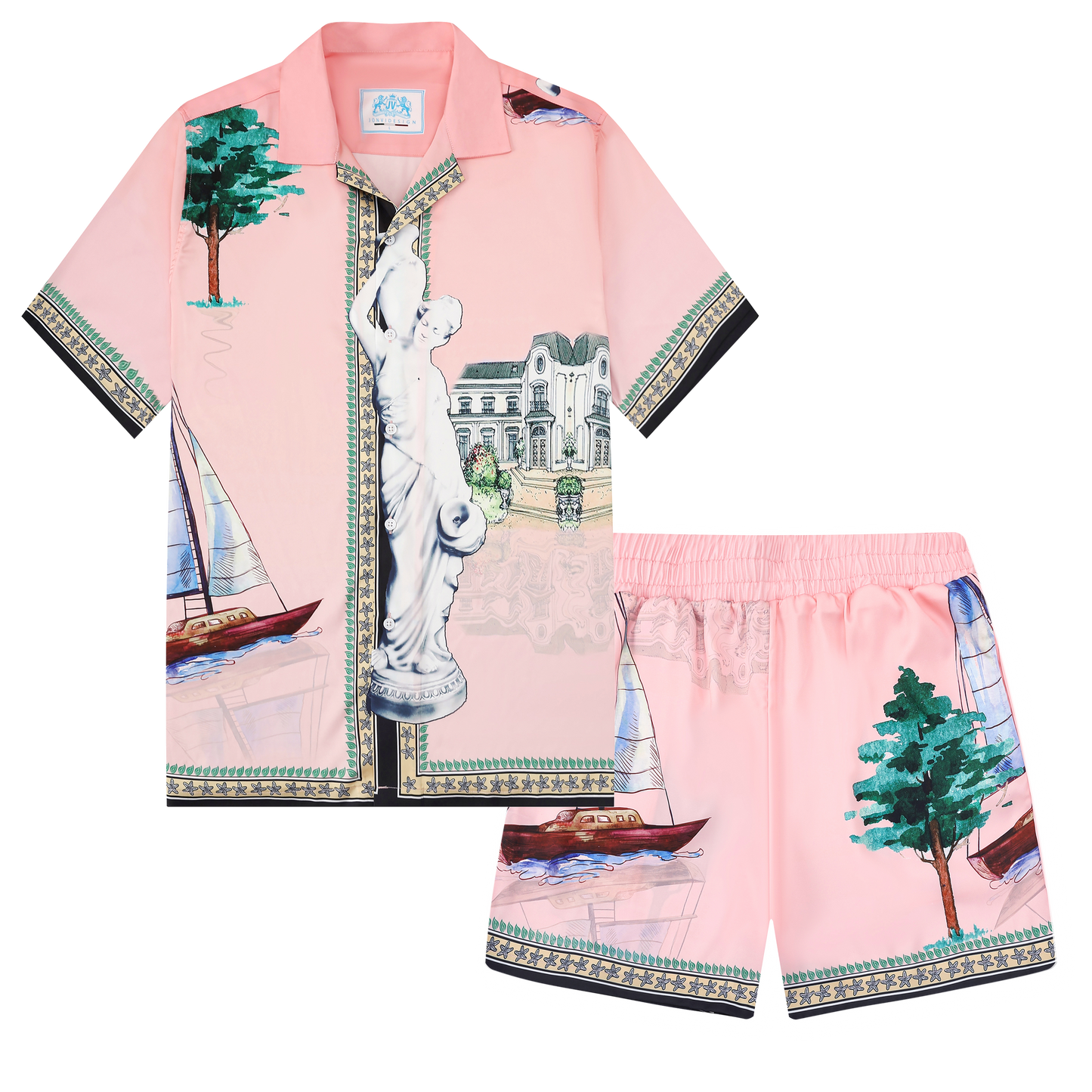 Pink Goddess Statue Pattern Camp Collar Casual Shirt