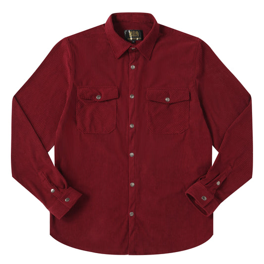 Corduroy Plain Color Snap Closure Long Sleeve Shirt-Dark Red