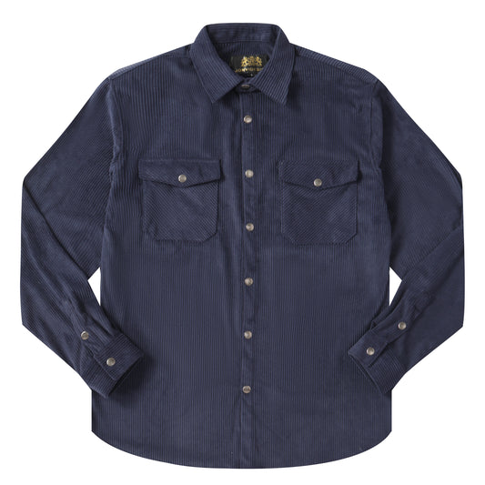 Corduroy Plain Color Snap Closure Long Sleeve Shirt-Navy Blue