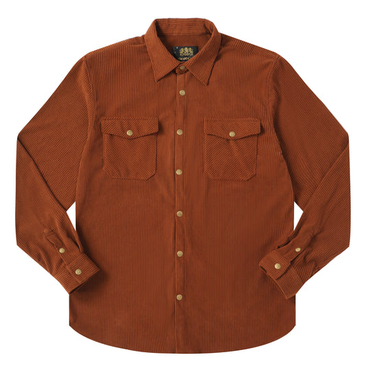 Corduroy Plain Color Snap Closure Long Sleeve Shirt-Orange