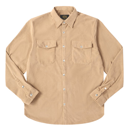 Corduroy Plain Color Snap Closure Long Sleeve Shirt-Khaki