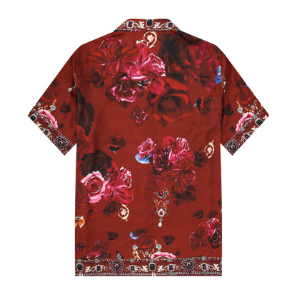 Red Rose Floral Silk Fiber Short Sleeve Casual Shirt