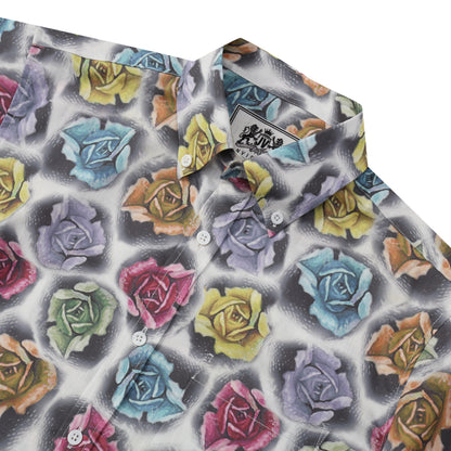 Multicolor Rose Pattern Button Short Sleeve Shirt