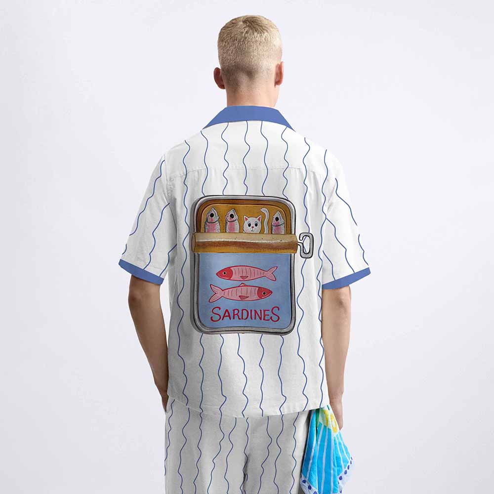 Fun Cat Fish Steak Lined Up Print Elastic Waistband Summer Casual Shorts