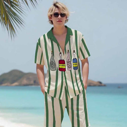 Funny Red Wine Bottle Print Camp Collar Short-Sleeved Shirt