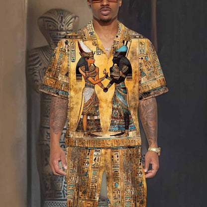 Vintage Egyptian Hieroglyphics & Goddess Isis Pattern Camping Collar Short-Sleeved Shirt