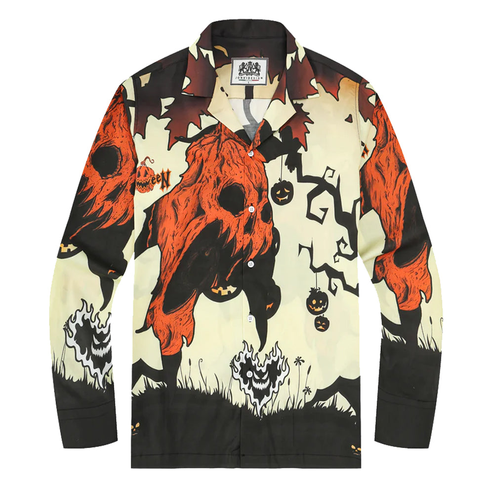 Halloween Pumpkin Ghost Print Long Sleeve Camp Collar Shirt