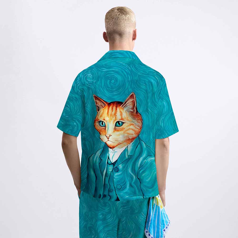 Cat Van Gogh Portrait Print Elastic Band Casual Shorts