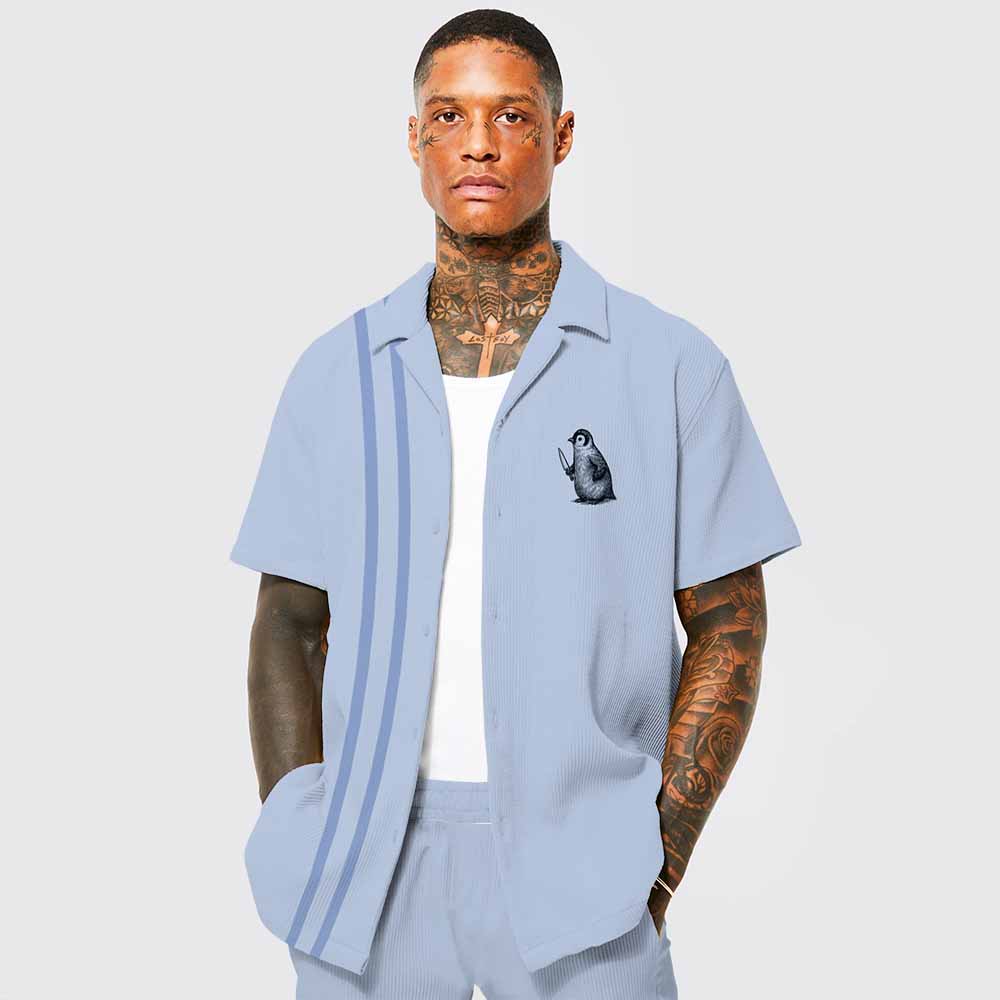 Fight Or Flight Funny Penguin Print Camp Collar Short-Sleeved Shirt