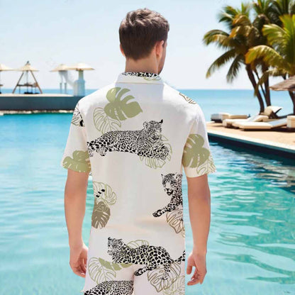 Tropical Leaves And Leopard Prints Elastic Waistband Summer Casual Shorts