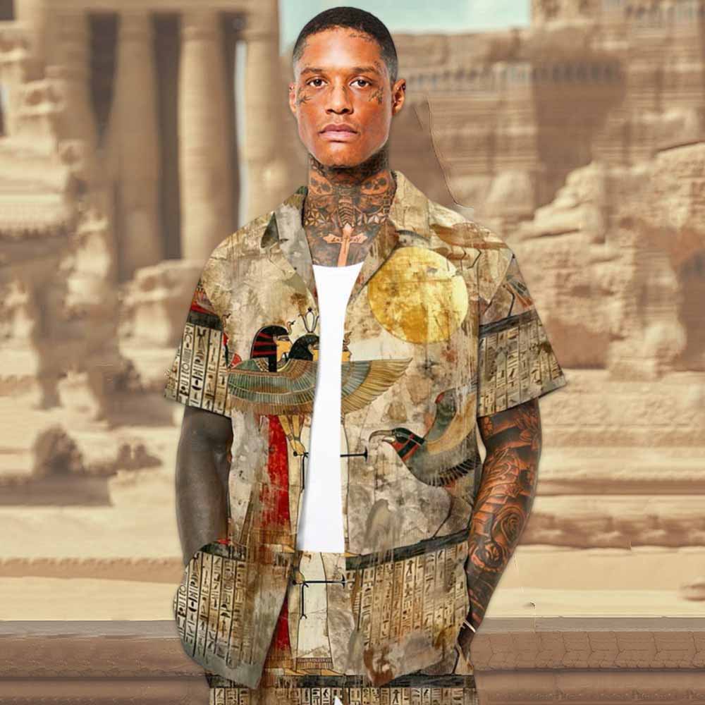 Ancient Egyptian Divine Gods Totem Vintage Camp Collar Casual Short Sleeve Shirt