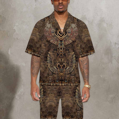 Relief-Style Egyptian Ba Bird Vintage Camp Collar Short Sleeve Shirt