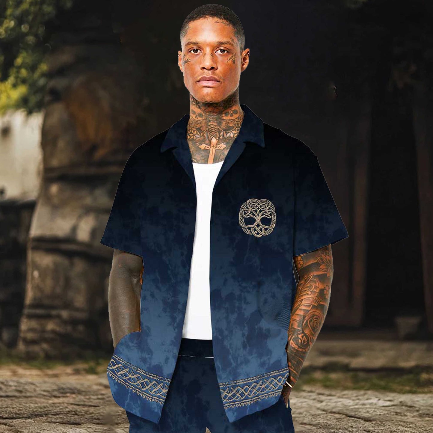 Gradient Blue Viking Tribal Print Camp Collar Short Sleeve Shirt