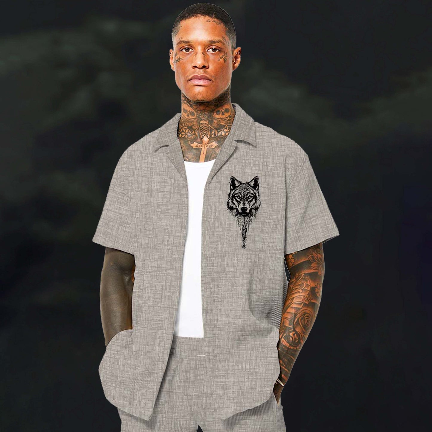 Vintage Viking Wolf Print Camp Collar Short Sleeve Shirt