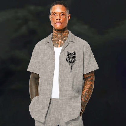 Vintage Viking Wolf Print Camp Collar Short Sleeve Shirt