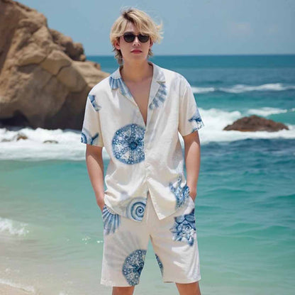 Ocean Blue Shell Print Elastic Waistband Summer Casual Shorts