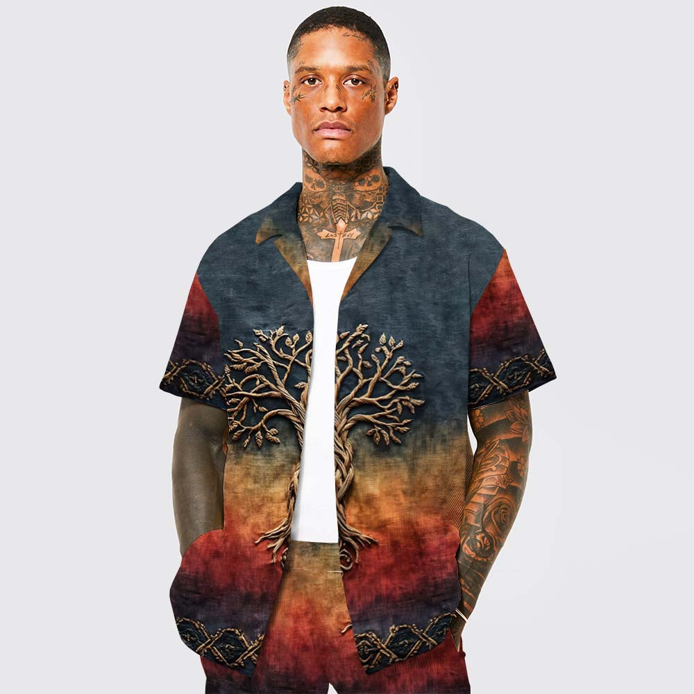 Men's Celtic Knot Tree Of Life Gradient Camp Collar Short Sleeve Shirt