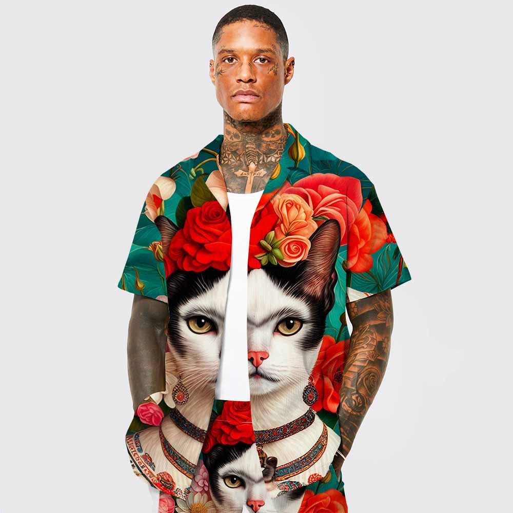 Floral Cat Print Camp Collar Short-Sleeved Shirt