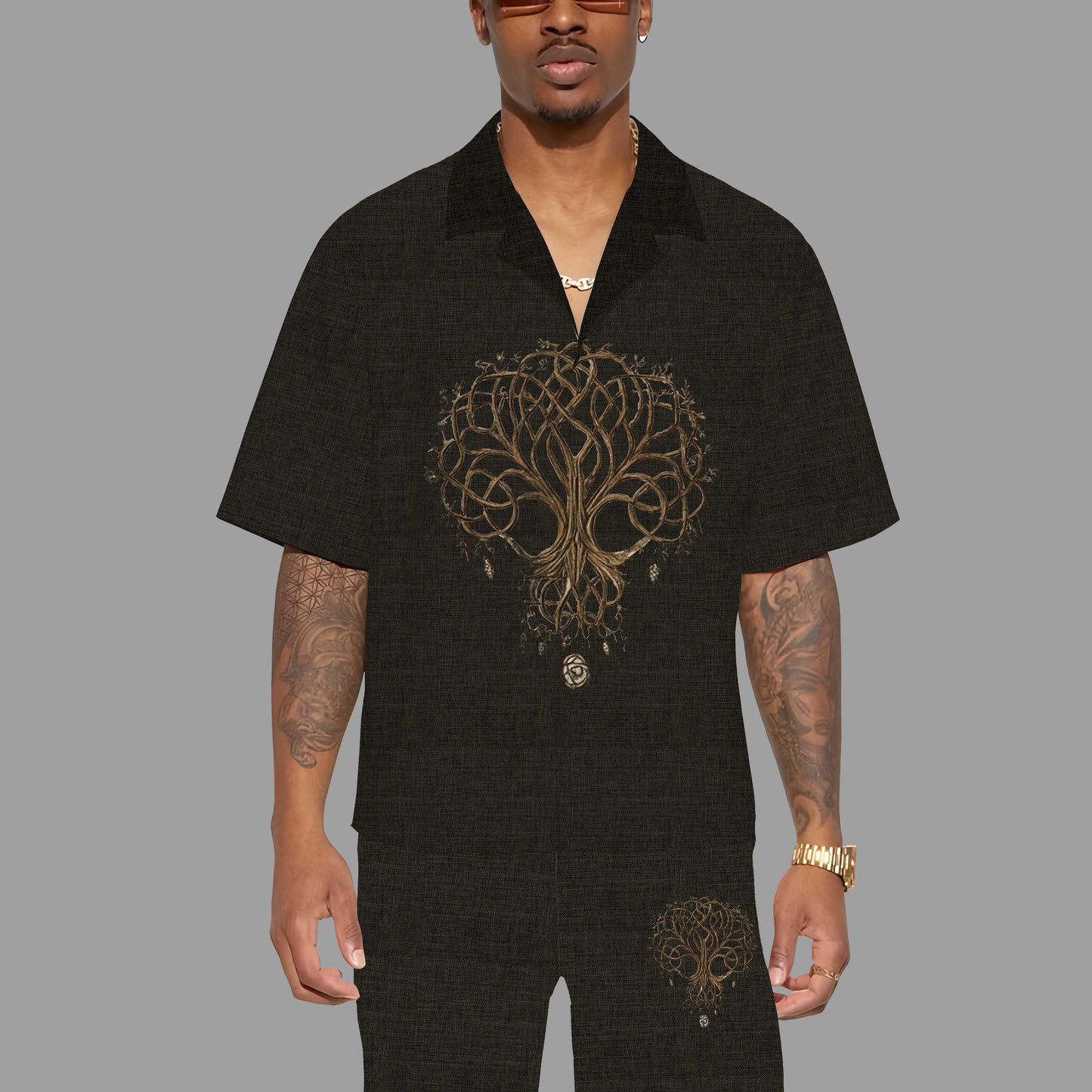 Men's Black Viking Tree of Life Print Camp Collar Casual Short Sleeve Shirt