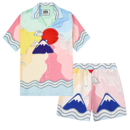 Abstract Sun Mountain Pattern Short Sleeve Camp Collar Shirt