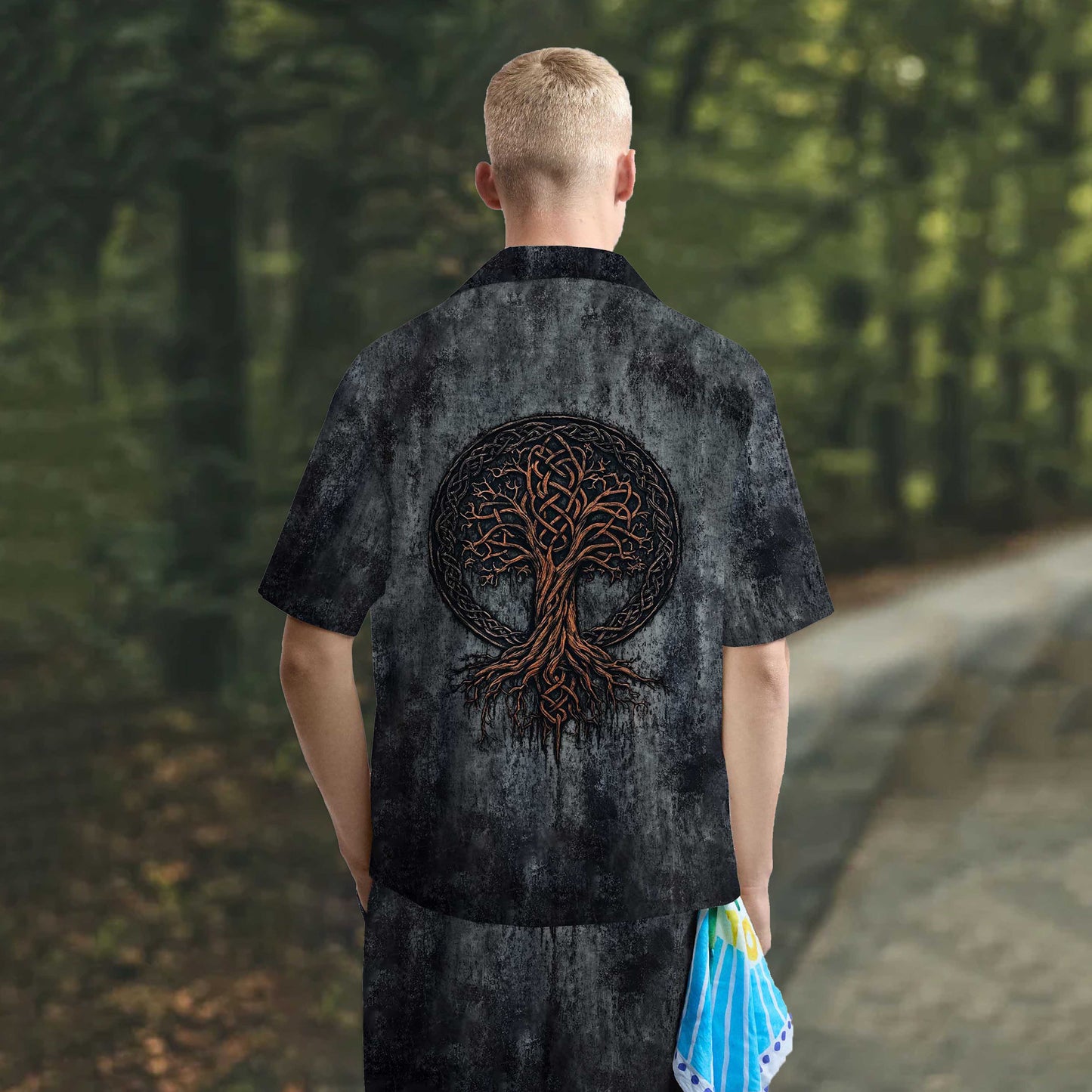 High-Grade Gradient Gray Viking Tree Of Life Pattern Elastic Waist Shorts