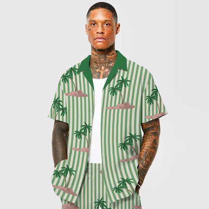 Green Striped Coconut Tree Pattern Camp Collar Short-Sleeved Shirt