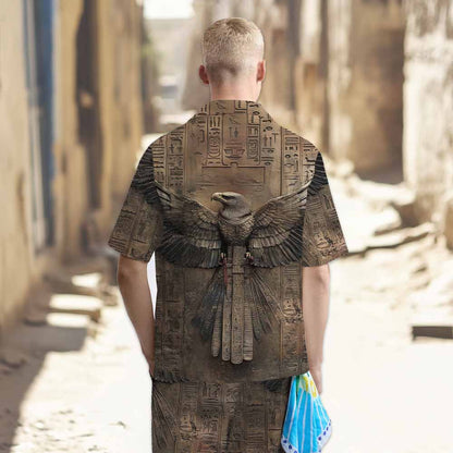 Ancient Egyptian Runes & Eagle Pattern Camp Collar Short-Sleeved Shirt