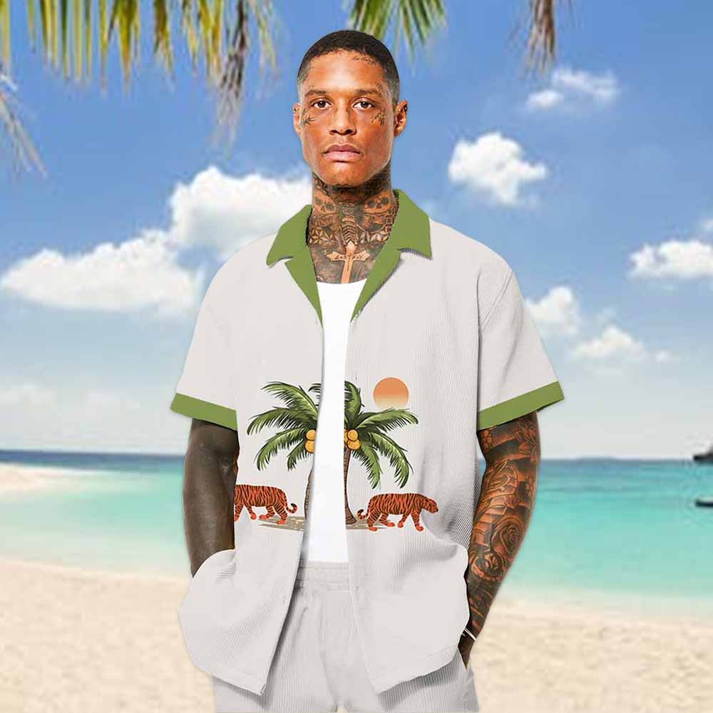 Tropical Coconut Trees & Tiger Print Elastic Waistband Casual Shorts