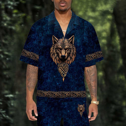 Men's Vintage Viking Wolf Print Elastic Waist Shorts