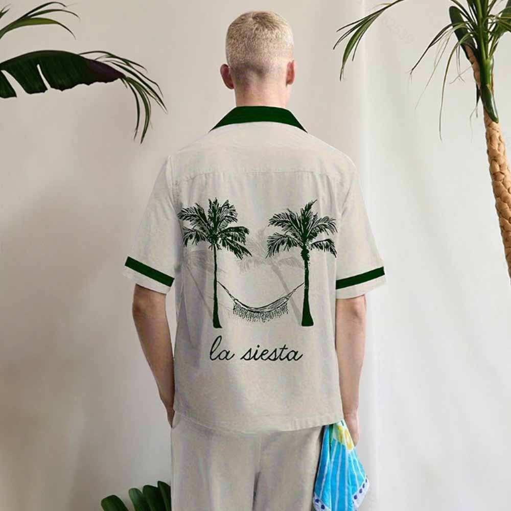 Coconut Tree Hammock Print Camp Collar Short-Sleeved Shirt