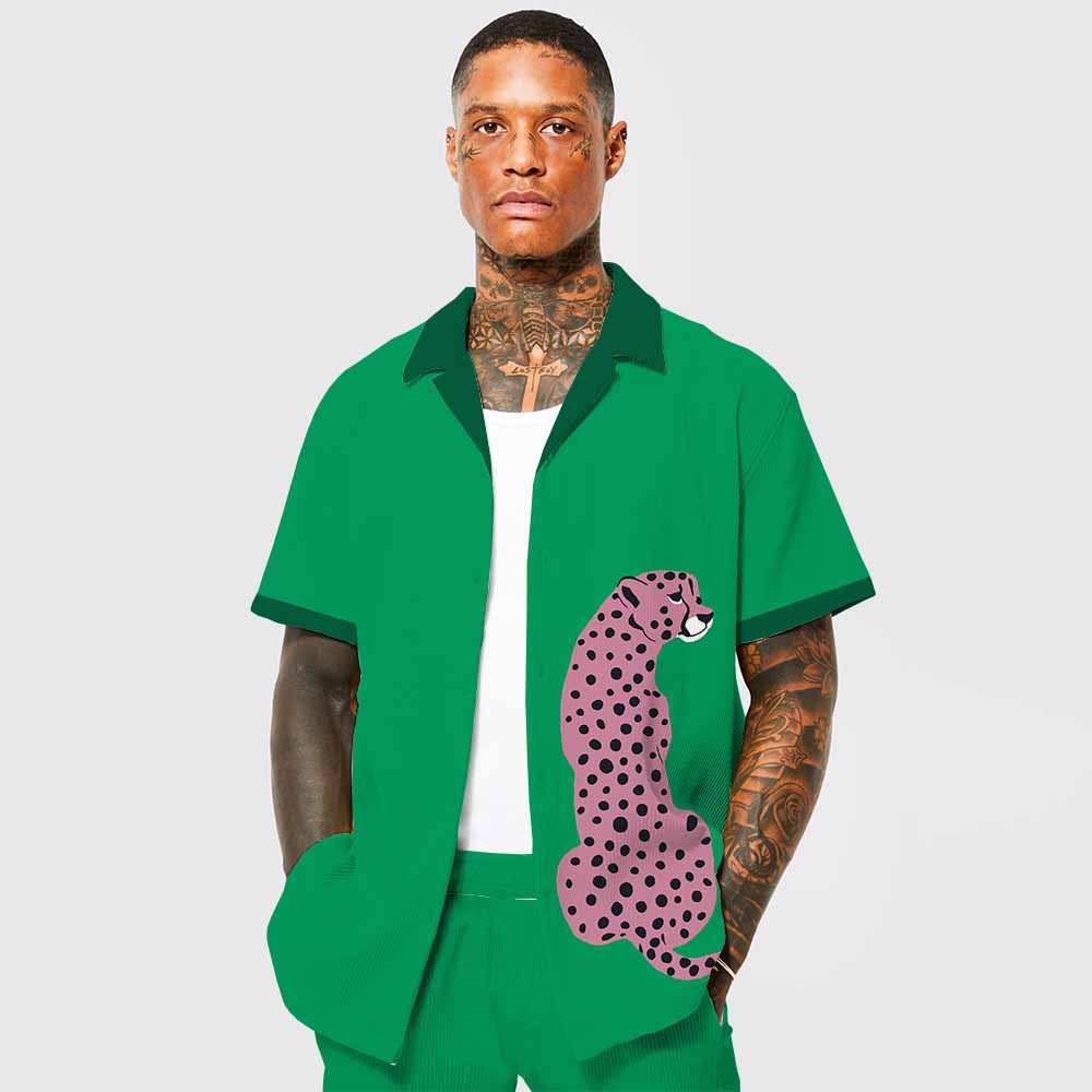 Leopard Print Green Camp Collar Short-Sleeved Shirt