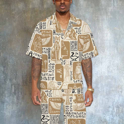 Egyptian Symbols Hieroglyphs Mascots Retro Camp Collar Casual Short Sleeve Shirt