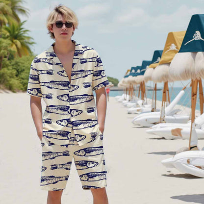 Vintage Fish Pattern Prints Camp Collar Short-Sleeved Shirt