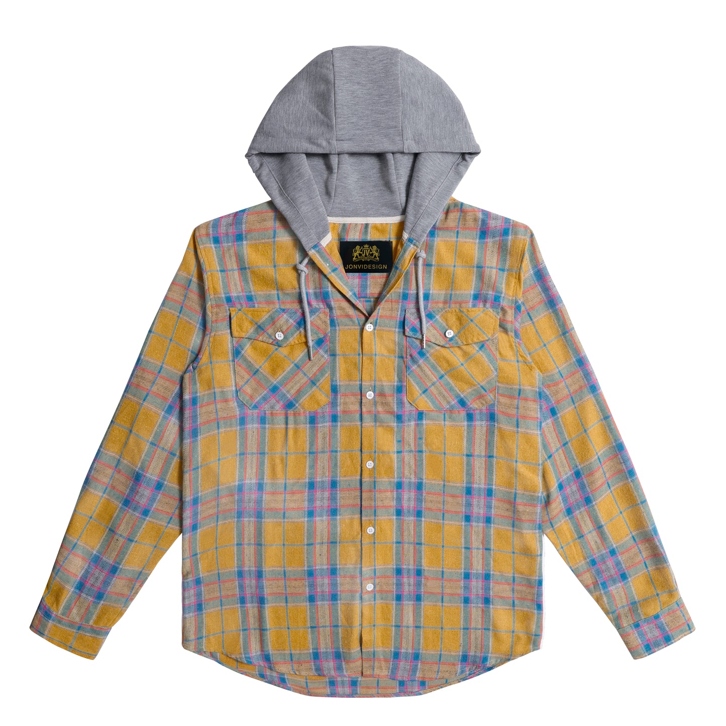 Men's Shirt Jacket with Hood - Long Sleeve Cotton Plaid Style