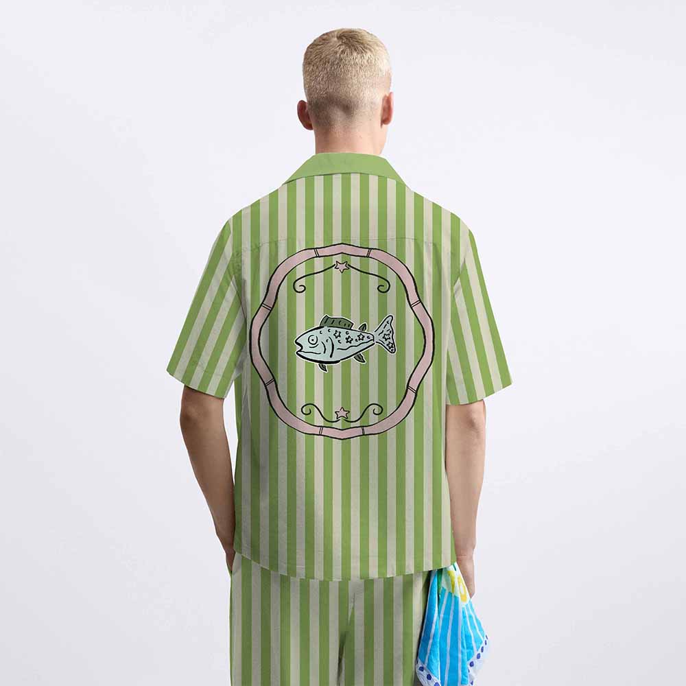 Green Vertical Stripes Fish Pattern Camp Collar Short Sleeve Shirt
