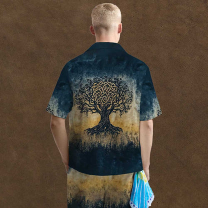Viking Celtic Knot Tree of Life Art Camp Collar Short Sleeve Shirt