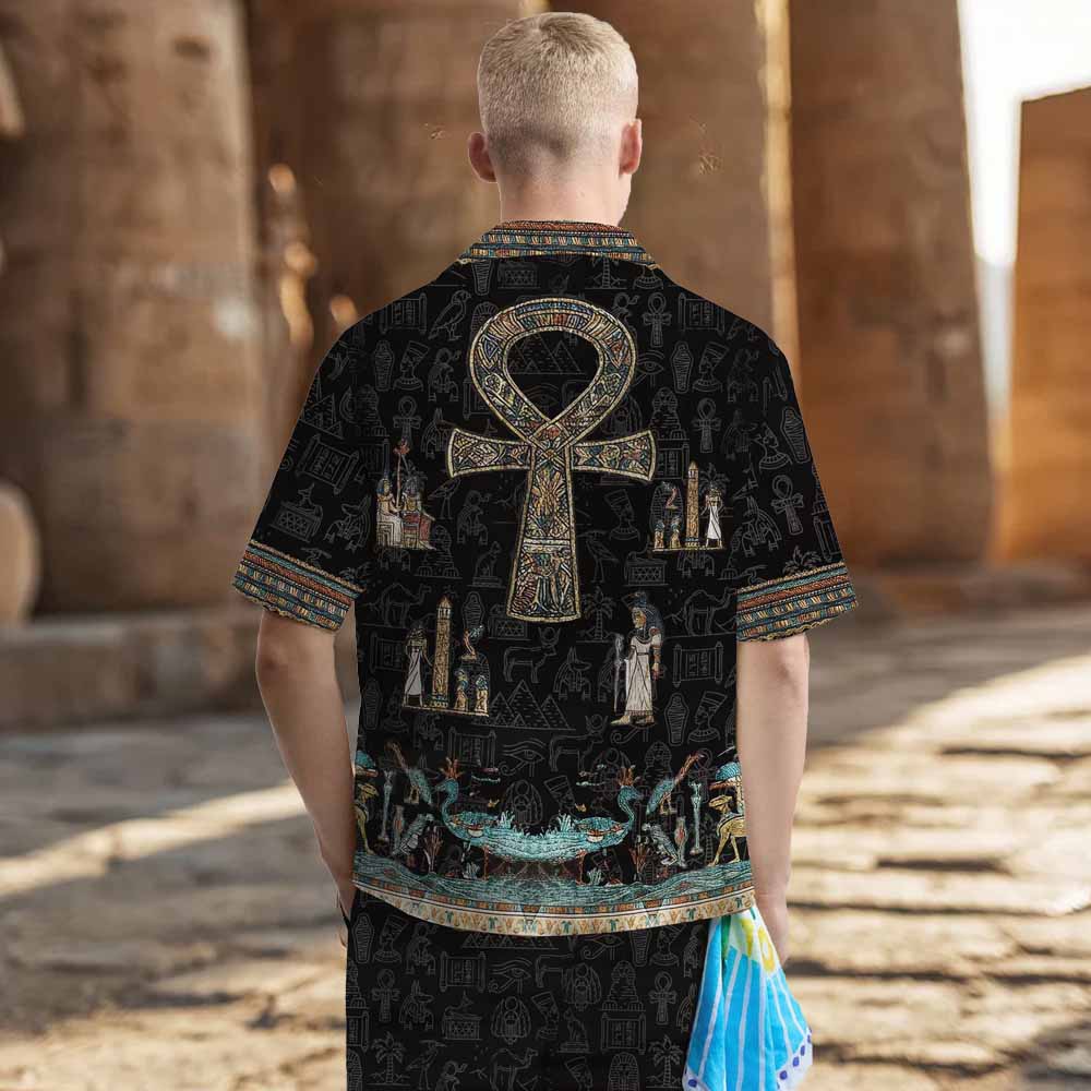 Egyptian Ankh Vintage Silk Military Collar Short-Sleeved Shirt