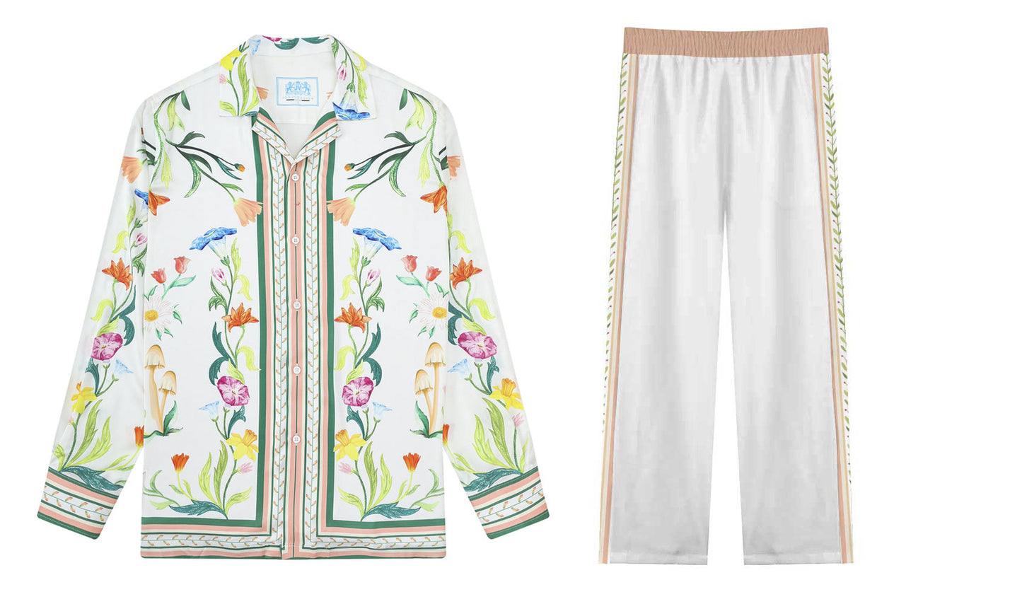 Green Floral Pattern Casual Trousers With Elastic Waistband