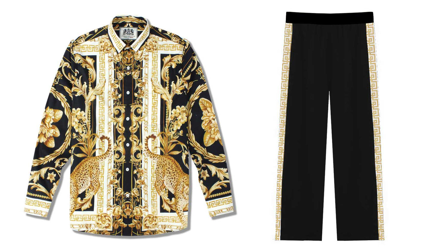 Golden Baroque Pattern Casual Trousers With Elastic Waistband