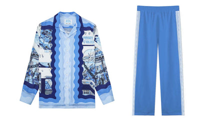 Blue Ferry Pattern Print Casual Trousers With Elastic Waistband