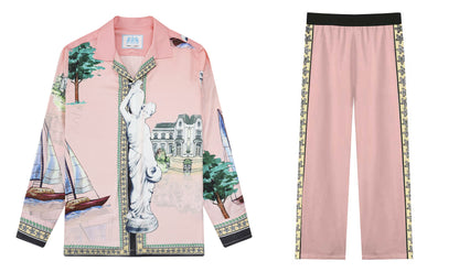Pink Goddess Statue Pattern Casual Trousers With Elastic Waistband