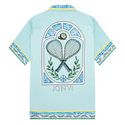 Tennis Print Camp Collar Short Sleeve Shirt