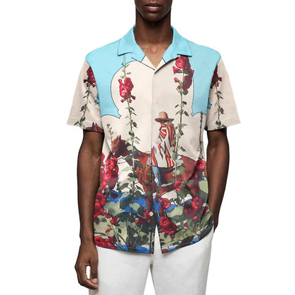 Horseback Riding Flower Print Camp Collar Short Sleeve Shirt