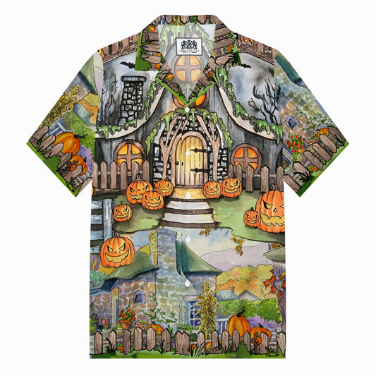 Halloween Pumpkin House Camp Collar Short Sleeve Shirt