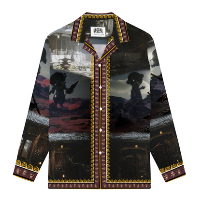 Black Myth: Wukong Background of the Four Heavenly Kings Print Long Sleeve Camp Collar Shirt