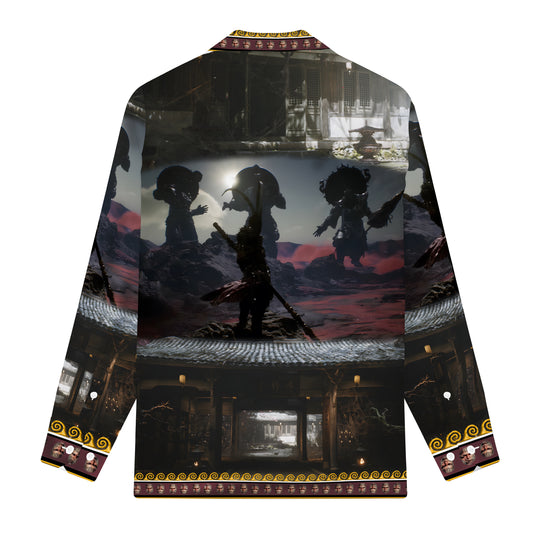 Black Myth: Wukong Background of the Four Heavenly Kings Print Long Sleeve Camp Collar Shirt