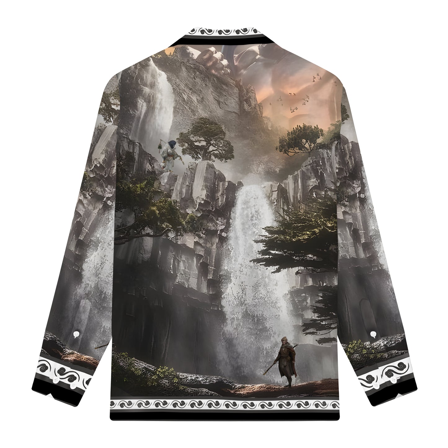 Black Myth: Wukong waterfall background Print Long Sleeve Camp Collar Shirt