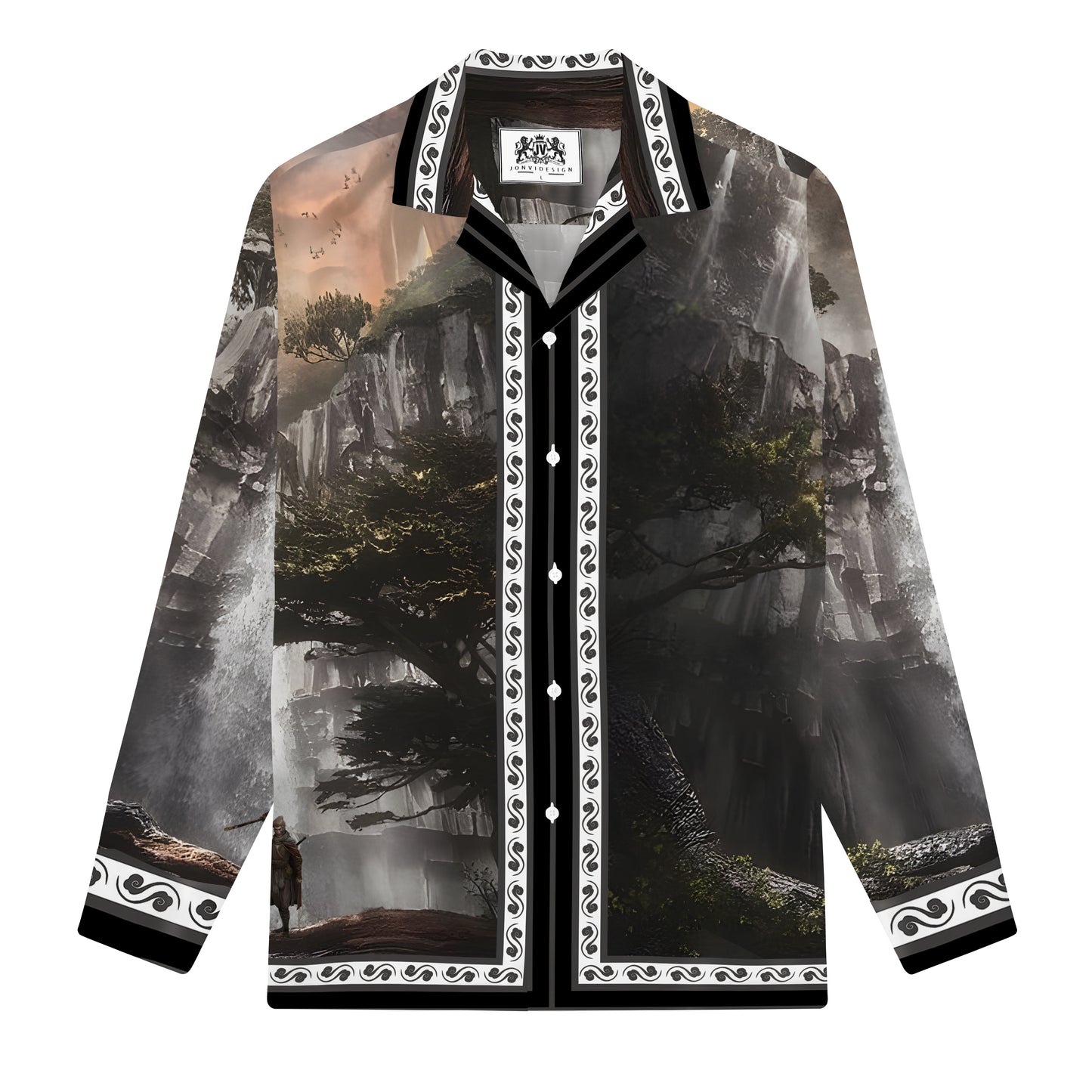 Black Myth: Wukong waterfall background Print Long Sleeve Camp Collar Shirt