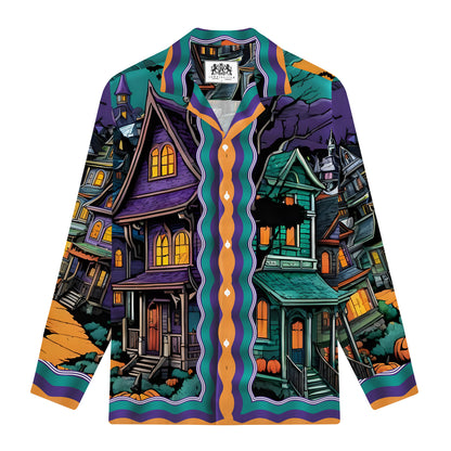 Quiet And Mysterious Halloween Town Long Sleeve Camp Collar Shirt