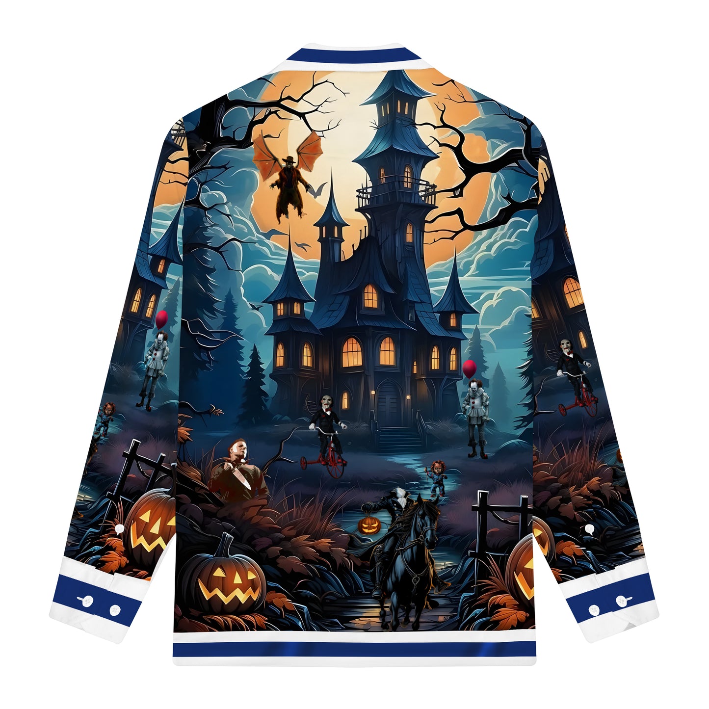 Horror Movie Themed Prints Long Sleeve Camp Collar Shirt